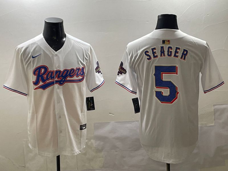 Men Texas Rangers 5 Seager White Gold Game 2025 Nike MLB Jersey style 5